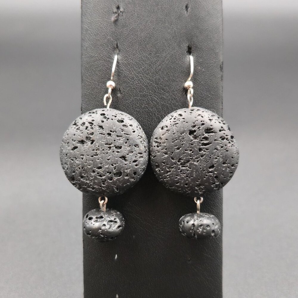 Silver Plated Large Black Lava Rock Dangle Earrings B923